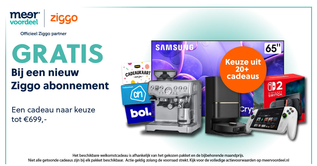 Officiële Meervoordeel.nl en Ziggo-banner met een cadeau naar keuze bij een nieuw abonnement