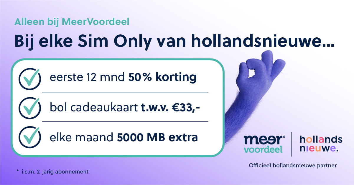 hollandsnieuwe Sim Only: 12 maanden 50% korting, bol.com-cadeaukaart van €33 en iedere maand 5.000 MB extra